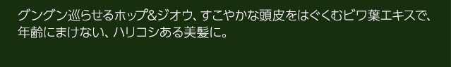 グングン巡らせるホップ&ジオウ、すこやかな頭皮をはぐくむビワ葉エキスで、年齢にまけない、ハリコシある美髪に。
