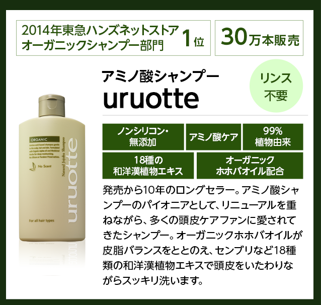アミノ酸シャンプーuruotte。ノンシリコン・無添加、アミノ酸ケア、99% 植物由来、18種類の和洋漢植物エキス、オーガニックホホバオイル配合。